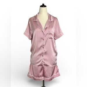 Pink Satin Pajama Set by Kennedy Blue, Button Front Shirt and Shorts size Medium